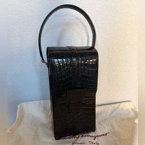 Salvatore Ferragamo Boxy Balva Black Crocodile Bag with Strap